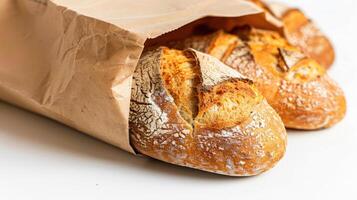 Bread in a paper bag, white background. photo