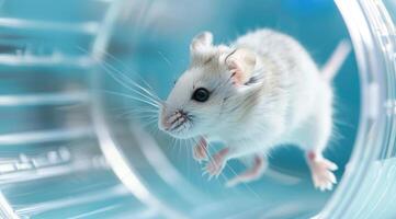 blanco ratón en un corriendo rueda exhibiendo mascota actividad foto