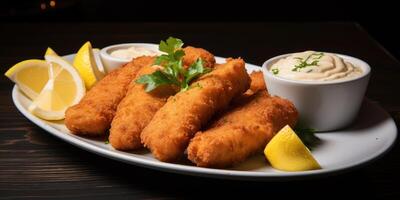 Fried fish sticks with lemon and sauces photo