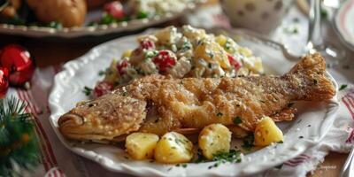 Grilled fish complete with herb garnish and side of potatoes photo