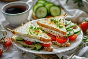 Sandwiches with cream cheese, cherry tomatoes, cucumbers and green onions, a cup with black tea. photo