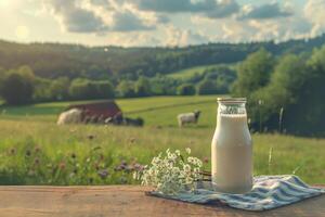 A serene rural scene with a cow next to a fresh glass of milk on a wooden table overlooking a landscape photo