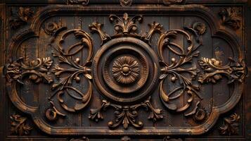 Close-up of floral pattern wood carving, showcasing the craftsmanship and artistic detail in the wooden texture photo