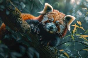 rojo panda encaramado en un árbol rama con luz de sol foto