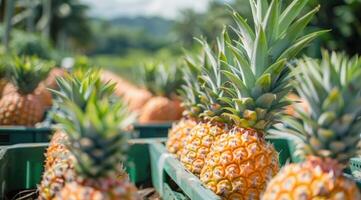 Fresh pineapples in crates at a farm photo