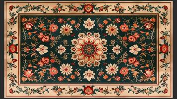 The carpet design with a wool texture features an pattern in the Persian style. photo