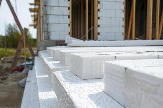Sheets of expanded polystyrene for house thermal insulation during constructions. photo