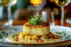 Gourmet pan-seared scallops on a bed of smooth potato puree, garnished with herbs and spices photo
