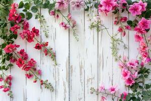 Assorted colorful flowers artistically arranged on rustic white wooden background photo