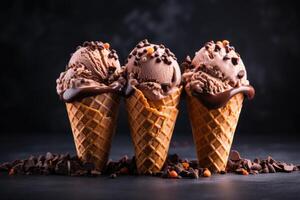 Delicious chocolate ice cream in waffle cones photo