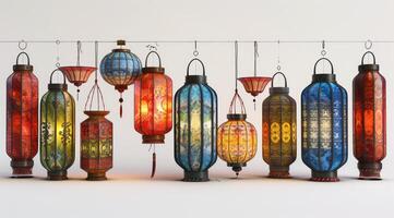 Moroccan lanterns hanging in a row a white background photo