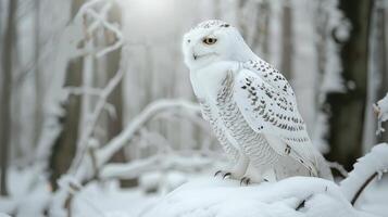 white owl sitting on a branch in a winter snowy forest during the day with blurred background. photo