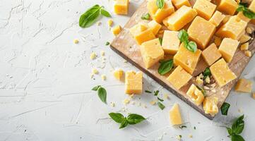 Board with pieces of tasty cheddar cheese and basil on white background. photo