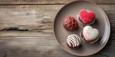 Set of sweets in the shape of heart on plate on wooden background. photo
