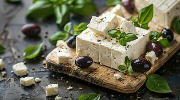 Feta cheese with basil and olives photo