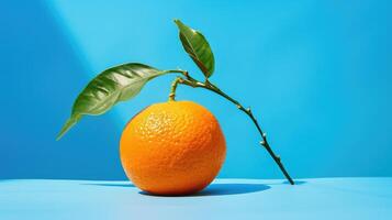 A vibrant orange with lush green leaves against a blue background, capturing the freshness of the fruit photo