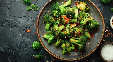 Boiled broccoli with spices in a plate. Black background. Top view. photo