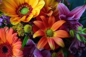 Arrangement flowers in bright vivid colors. photo