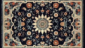 The carpet design with a wool texture features an pattern in the Persian style. photo