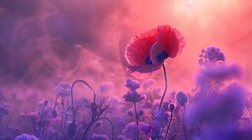 Red poppy stands out in a dreamy field, surrounded by soft focus and a mystical ambiance photo