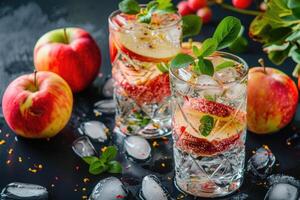 A glass of apple juice surrounded by green and red apples, some whole and some sliced. photo