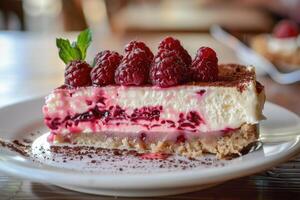 Raspberry cheesecake or raspberry cream mousse cake. photo