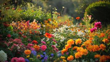 A beautiful garden full of flowers of many colors. photo