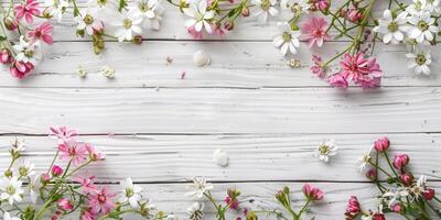 Assorted colorful flowers artistically arranged on rustic white wooden background photo