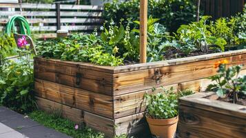 de madera elevado camas en moderno urbano jardín con creciente plantas flores hierbas especias y vegetales. foto