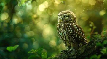 Owl perched on a tree with a sunset background photo