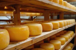 Rows of cheese wheels on wooden shelves photo