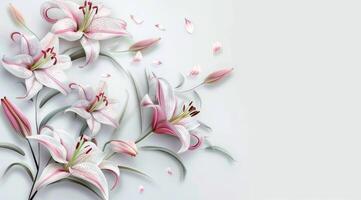 Invitation card design with lily flowers only, white background. photo