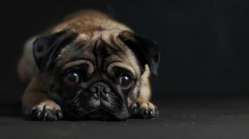 Little pug puppy dog laying head on floor photo