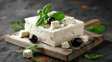 Feta cheese with basil and olives photo