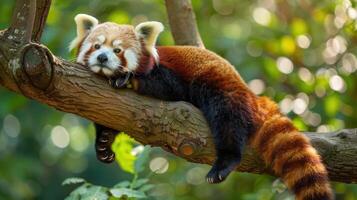 rojo panda encaramado en un árbol rama con luz de sol foto