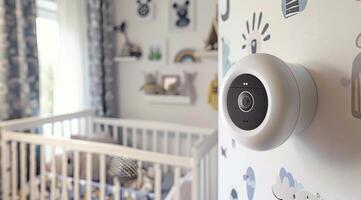 A smart baby monitor with a built-in camera it is in the nursery photo