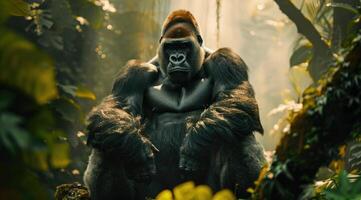 A powerful silverback gorilla in a tropical forest photo