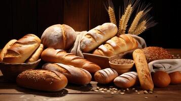 An assortment of freshly baked bread and pastries on a wooden table, artistically arranged with rustic background photo