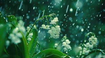 hermosa blanco flores lilly de el Valle en lluvioso jardín. convallaria majalis bosque floración planta. foto