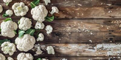 Fresh cauliflower on wooden background photo