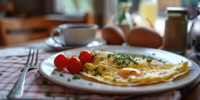 A well-prepared omelette with cherry tomatoes and fresh herbs photo