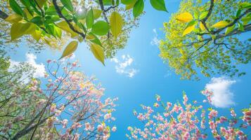 Green leaves and pink white flowers of various trees in the foreground, blue sky background photo