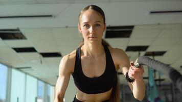 fuerte mujer hacer ejercicio con batalla cuerdas a el gimnasia. atleta haciendo batalla cuerda rutina de ejercicio a gimnasia. ser saludable video