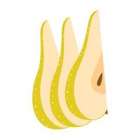 Fresh ripe Pear slice icon. Healthy vegetarian snack, cut Pear for design, infographic. Sliced on pieces Pear. Hand drawn trendy flat style isolated on white illustration vector