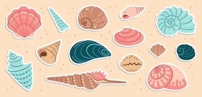 Cute sea shells sticker set. Trendy flat style seashell collection. Ocean underwater sink seashell conch aquatic mollusk. Hand drawn cartoon spiral snail, marine animals illustration vector