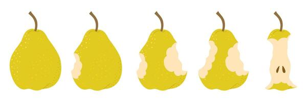 Pear eating steps cartoon icon set. Stages of biting red ripe Pear from whole to half and core, bite progression cartoon set sequence animation of eaten fruit. Trendy flat style illustration vector