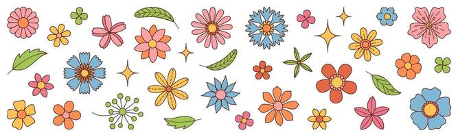 Collection of spring colorful flower. Set Trendy groovy wildflower 70s Vintage style isolated on white. Hand drawn blossom doodle illustration. Bright colorful flowers. Retro floral design. vector