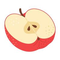 cortar rojo manzana dibujos animados icono. cruzar sección de cortar manzana, rebanadas fruta, mano dibujado de moda plano estilo aislado en blanco. sano vegetariano bocadillo, cortar manzana para diseño, infografía ilustración vector