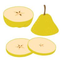 Fresh ripe Pear slice icon. Healthy vegetarian snack, cut Pear for design, infographic. Sliced on pieces Pear. Hand drawn trendy flat style isolated on white illustration vector