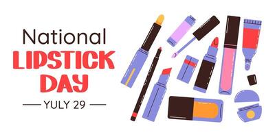 National Lipstick Day banner. Various colorful lipstick bottles and festive lettering. flat background, poster, postcard, flyer. vector